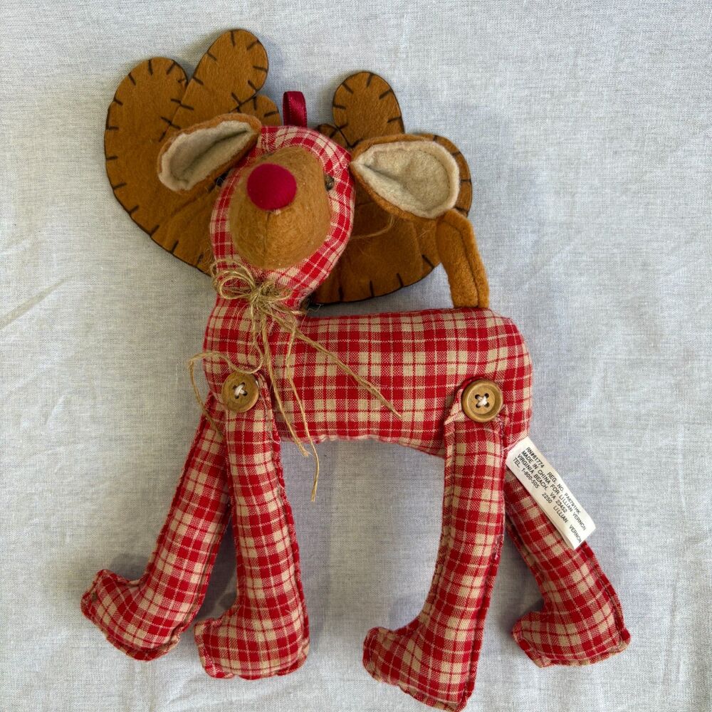 Lillian Vernon Plaid Reindeer Christmas Decor Gingham Felt Antlers 10"